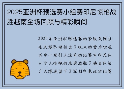 2025亚洲杯预选赛小组赛印尼惊艳战胜越南全场回顾与精彩瞬间