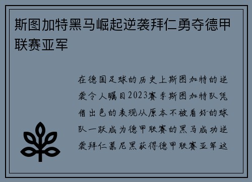 斯图加特黑马崛起逆袭拜仁勇夺德甲联赛亚军