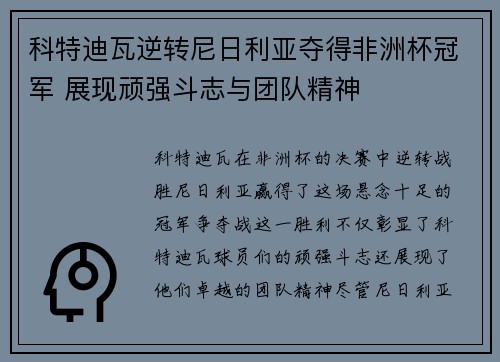 科特迪瓦逆转尼日利亚夺得非洲杯冠军 展现顽强斗志与团队精神